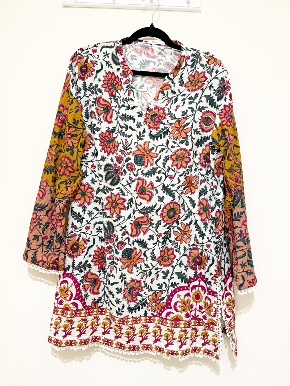 Floral V-Neck Tunic Top - White with Mustard & Pink Floral Print
